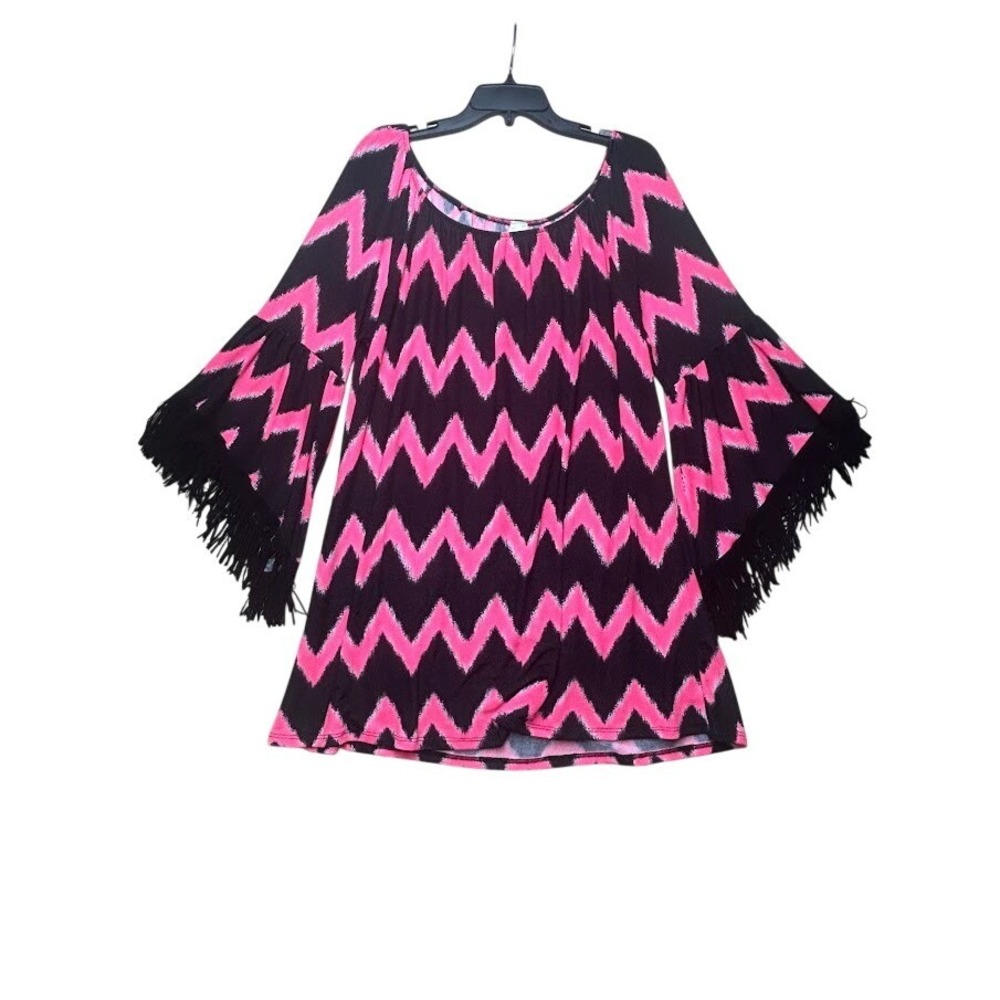 Now N Forever Pink Black Chevron Fringe Bell Sleeve Tunic Mini Dress NWT